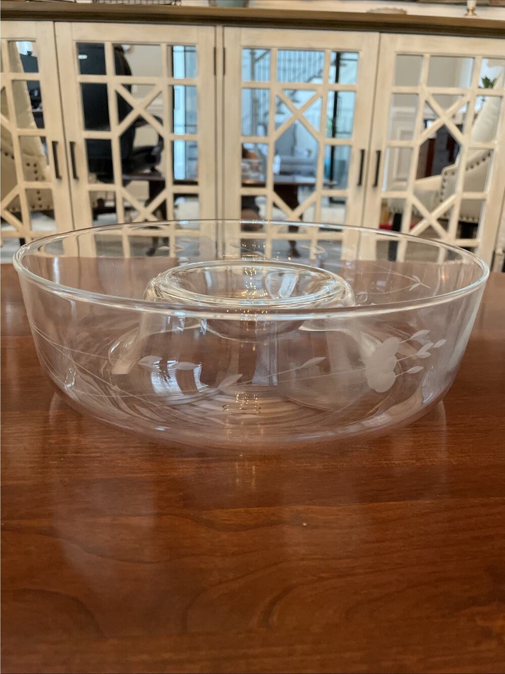 Princess House Crystal Heritage Chip & Dip Bowl Floral Etched Hand Blown Vintage